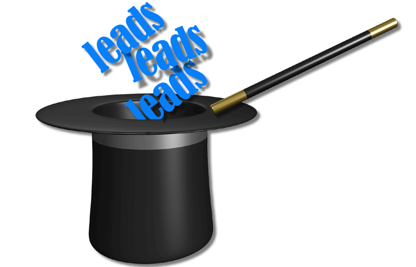 magician's top hat and wand, with the words "leads" coming out of the hat