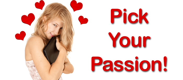 girl hugging mobile device with red hearts over her head and "Pick Your Passion!" text to the right of her