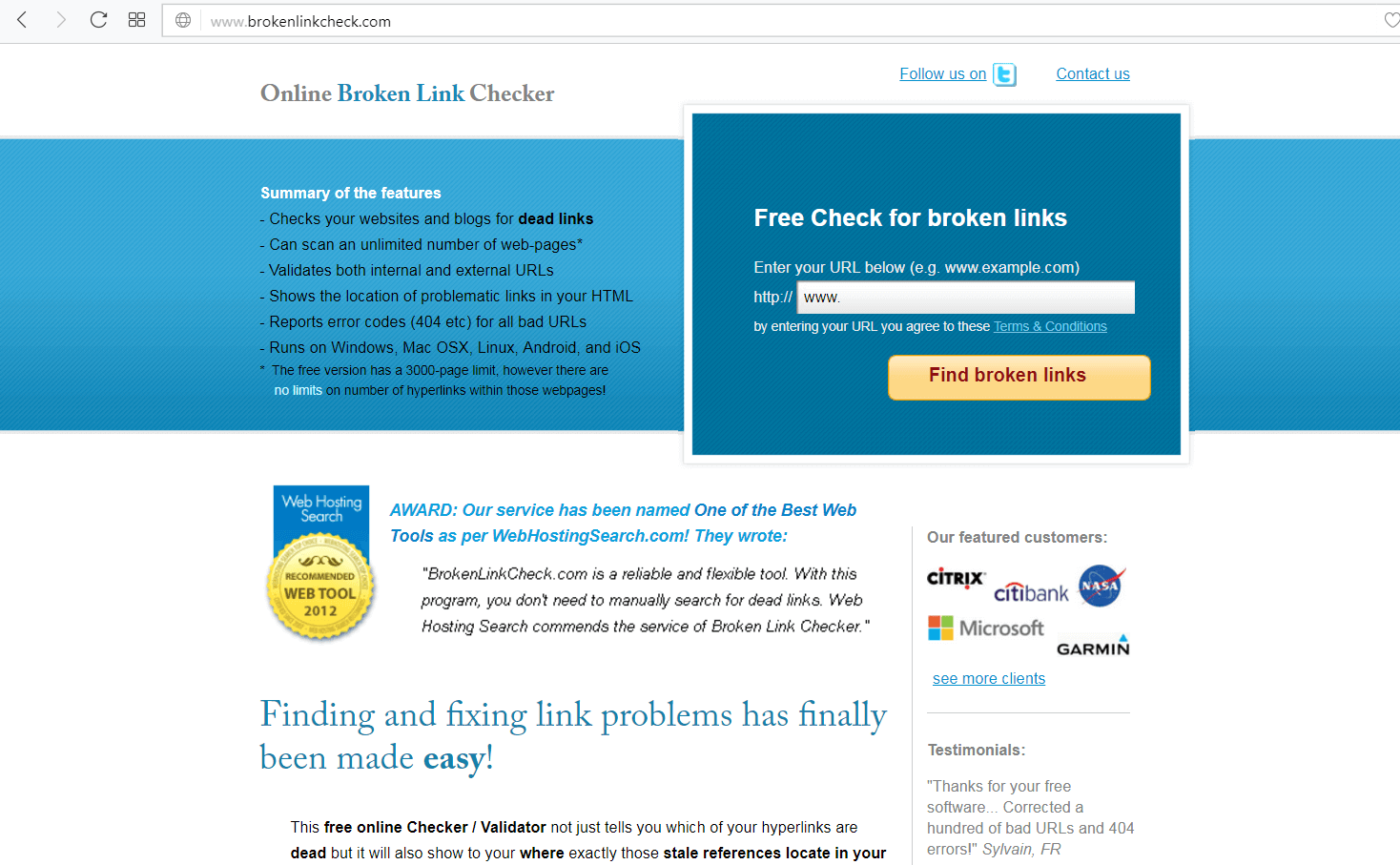 screen print of brokenlinkcheck.com's website