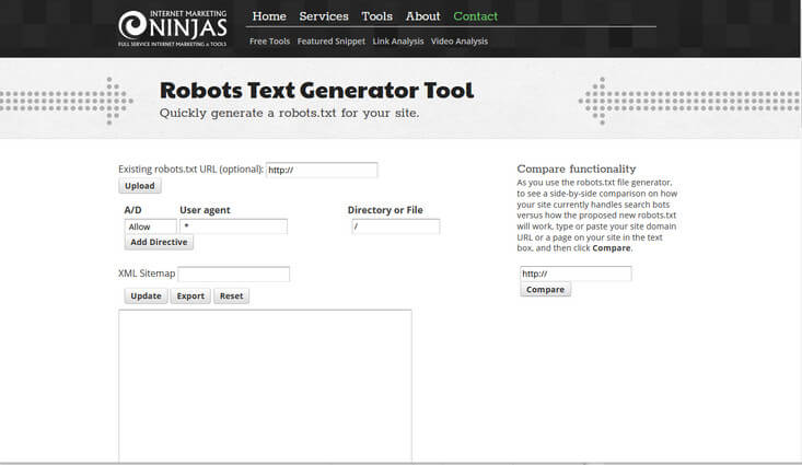 screen print of Internet Marketing Ninjas online robot.txt generator