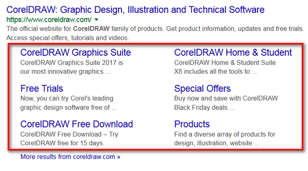 screen print of sitelinks for Corel Draw
