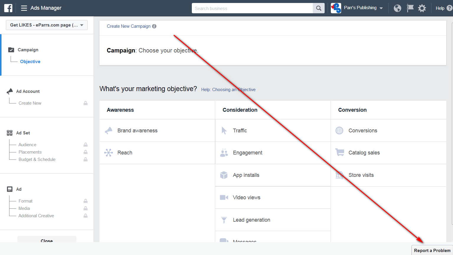 screen print showing the Report a Problem button in Business Manager