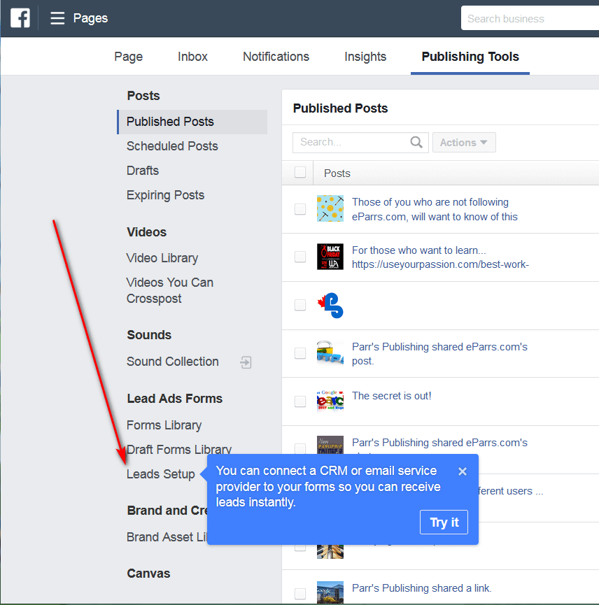 screen print showing where on fan page to look to make the connection to your CRM