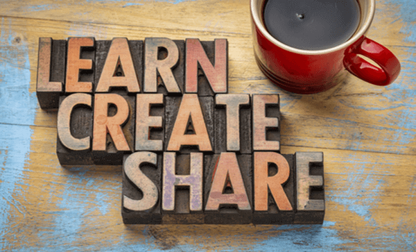 image showing "Learn, Create, Share" along with a mug of coffee