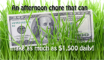 long grass with an American $100 bill sitting up in it. Text over top reads "An afternoon chore that can make as much as $1,500 daily!"