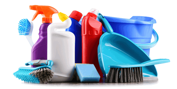 picture of cleaning supplies... pail, scrub brushes, spray cleaners, toilet cleaner, sponges