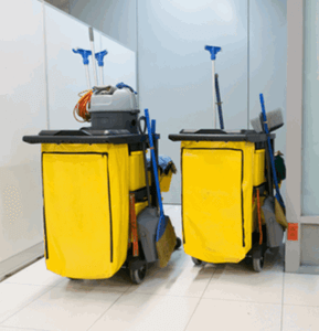 commercial cleaning cart for garbage, brooms, dust pan, etc.