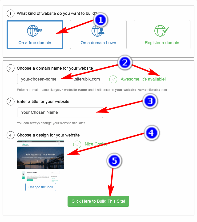 screen print showing the 5 steps needed to create your free website