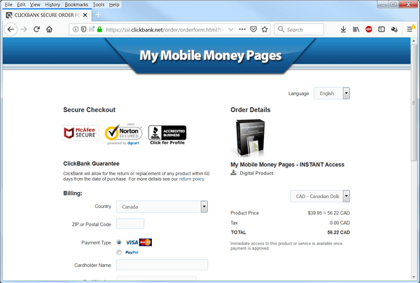 screen print of the payment page showing Canadian funds