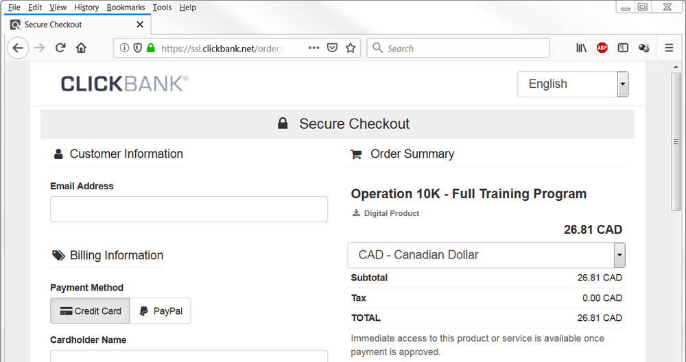 screen print of Clickbank showing how much to pay in Canadian funds