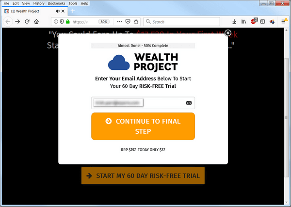 screen print of the Wealth Project website asking for my email address