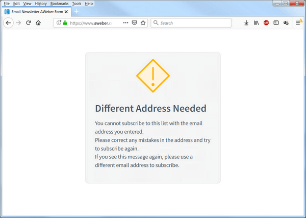 screen print of Aweber's prompt stating to use a different email address
