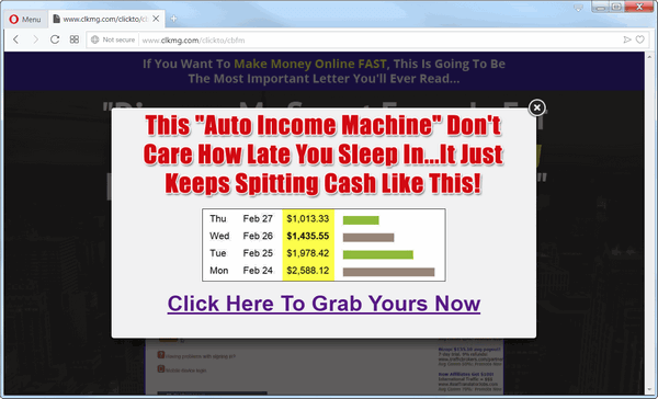 another screen print of Clickbank Formula's landing page, with a popup window displaying