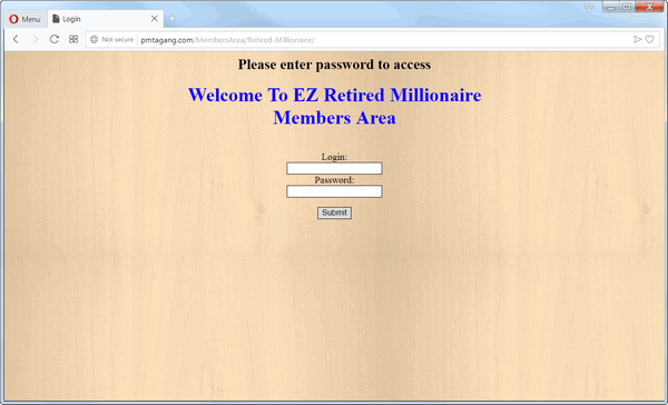 screen print of EZ Retired Millionaire website membership area