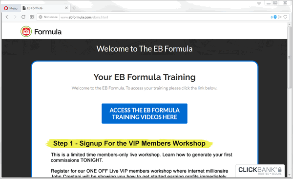 screen print of EB Formula's membership page