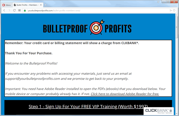 screen print of Bulletproof Profits' membership area