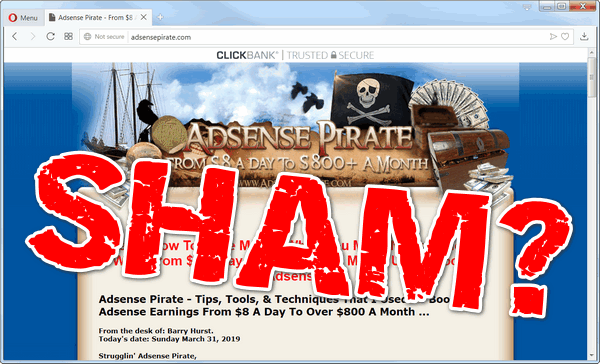 screen print of Adsense Pirate's website with SHAM? written on top