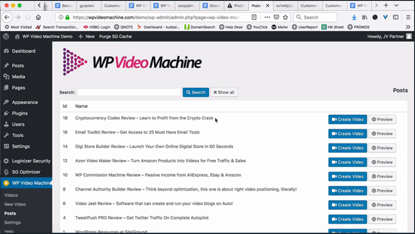 screen print of WP Video Machine plugin's control panel inside my website