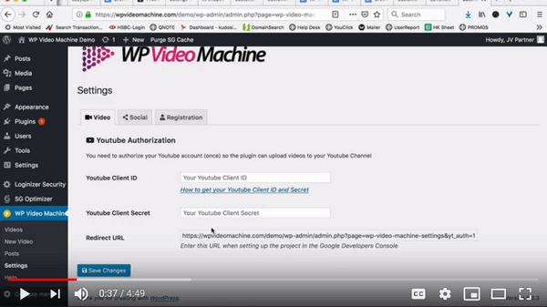 screen print of WP Video Machine's Settings inside my website