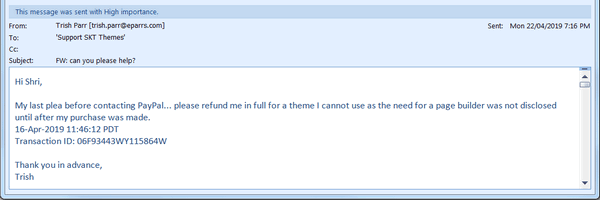 screen print of my last emailed communication with SKT Themes support regarding this issue