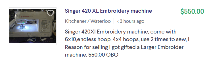 screen print of a used embroidery machine listed on Kijiji on the 20th of May 2019