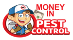 graphic of a male dressed as a pest contoller with "Money In Pest Control" in text and a one dollar American bill partially displayed