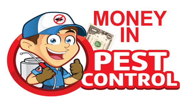 graphic of a male dressed as a pest contoller with "Money In Pest Control" in text and a one dollar American bill partially displayed