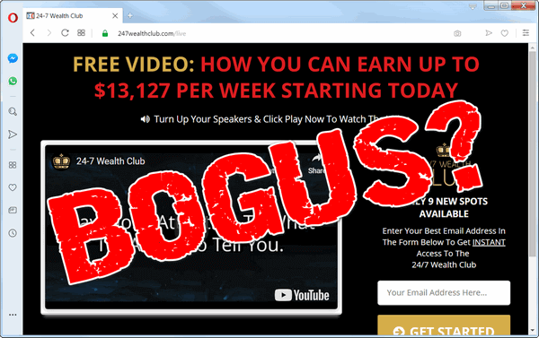 screen print of 24-7 Wealth Club website with "BOGUS?" over top