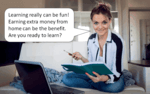 image of a woman sitting on a sofa with computer and cell phone, asking you "are you ready to learn?"