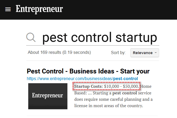 screen print of Entrepreneur's website stating the startup costs as $10,000 - $50,000.