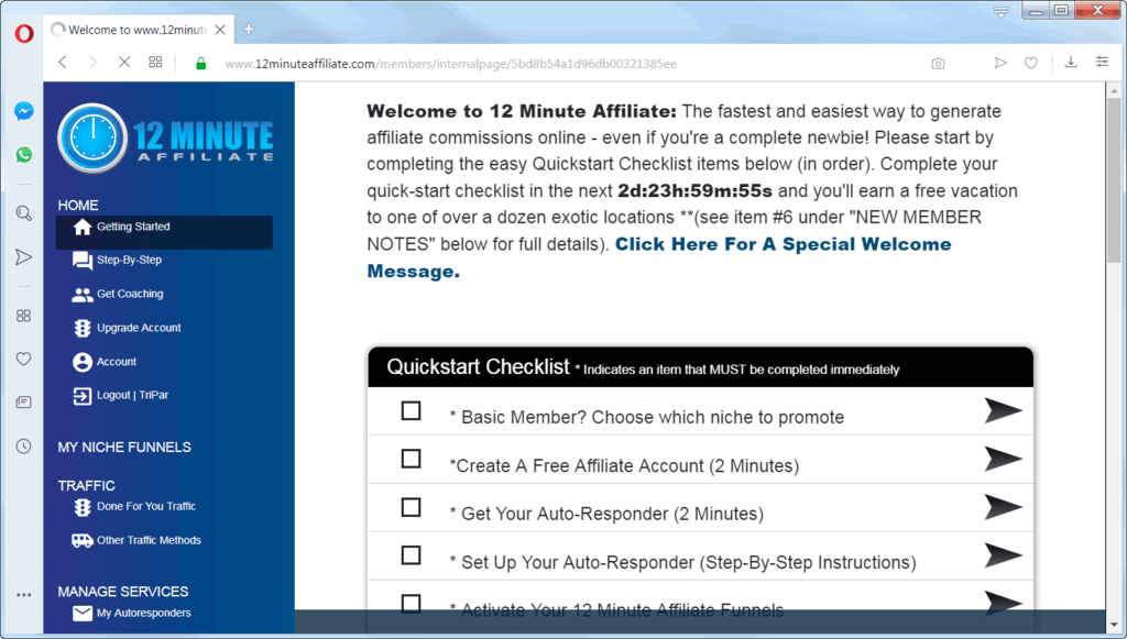 screen print of the 12 Minute Affiliate membership web page