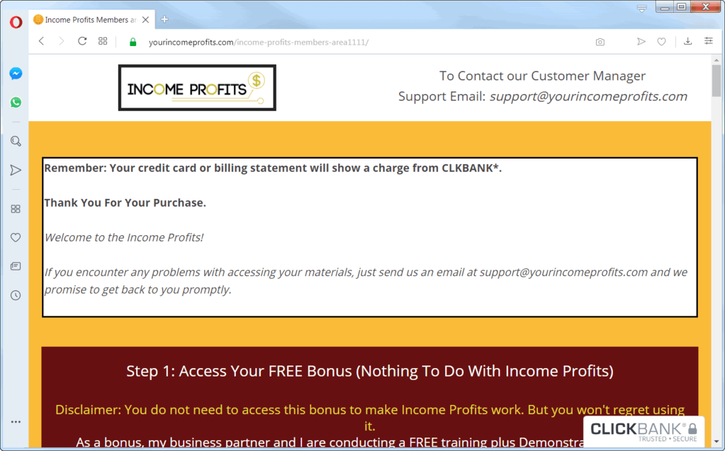 screen print of Your Income Profits membership web page