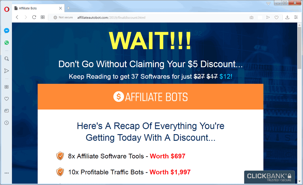 screen print of Affiliate Bot 2.0 website if you try to leave