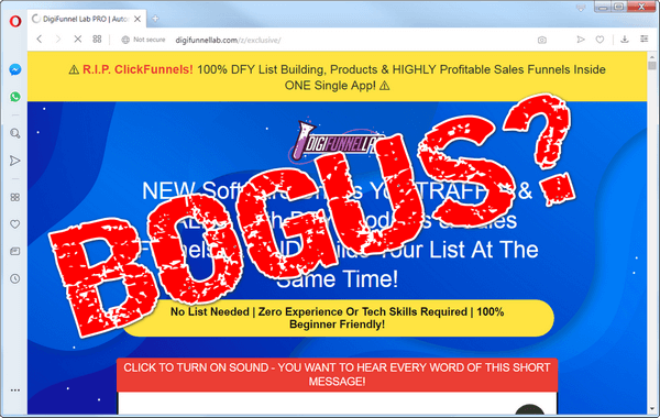 screen print of Digifunnel Lab website with "Bogus?" over top