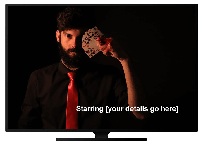 image of a magician on TV, with "Starring - your details go here"