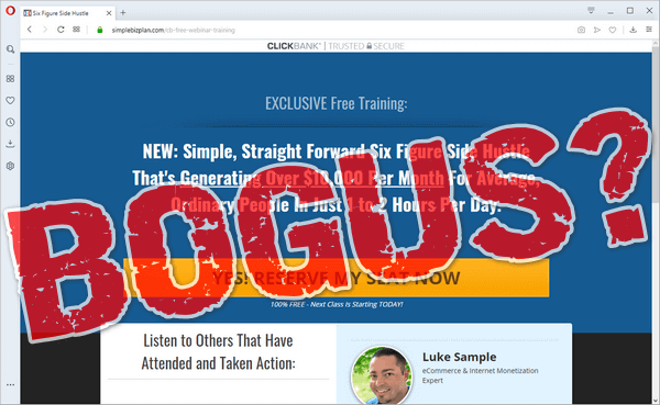screen print of Six Figure Side Hustle website with "Bogus?" overtop