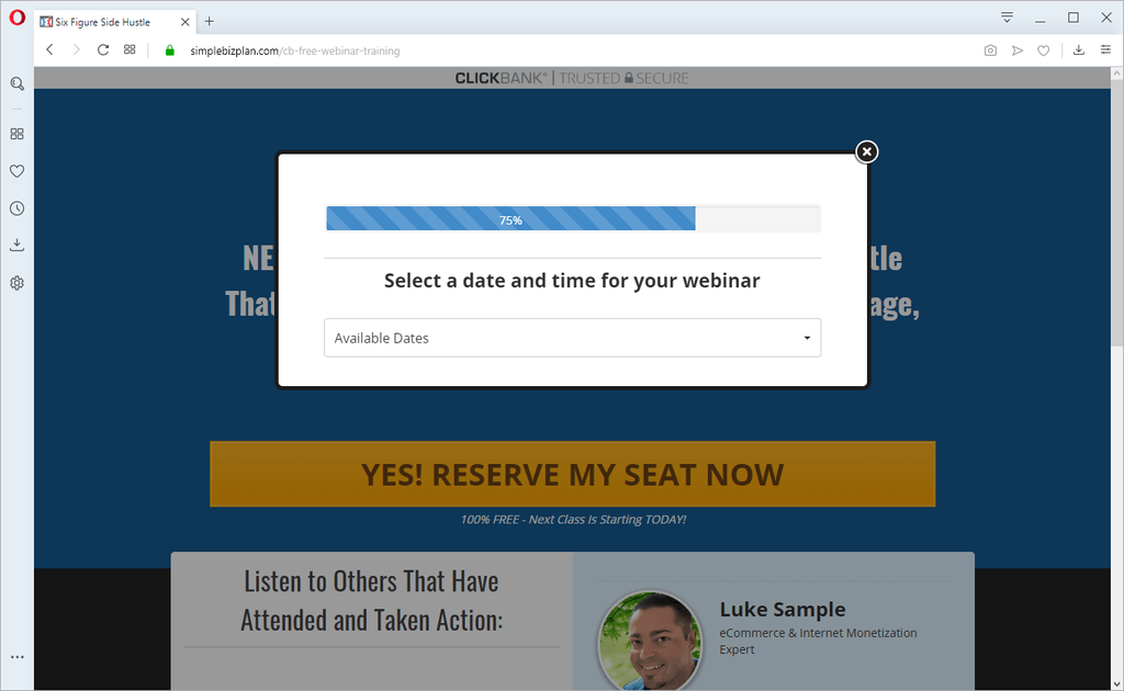 screen print of website their website when you click the "Yes! Reserve My Seat Now" button