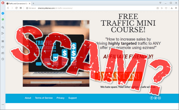 screen print of the Free Traffic Mini Course website with, "SCAM?" overtop