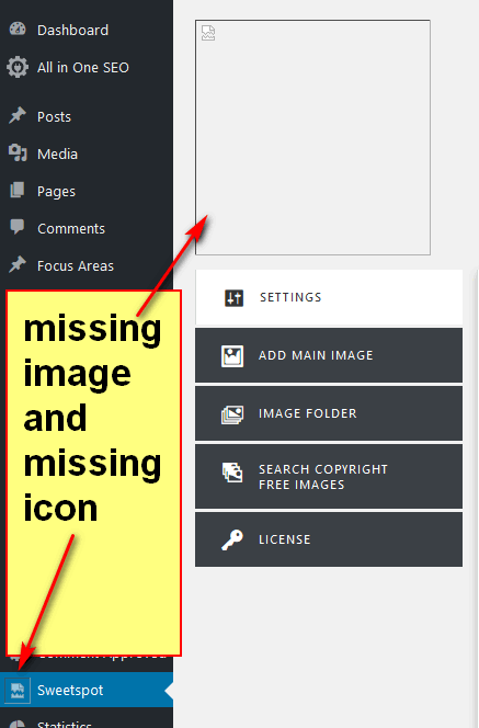 screen print of missing image and icon inside my WordPress Dashboard