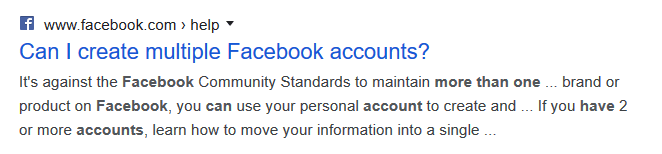 screen print of Facebook's snippet answering "can I create multiple Facebook accounts?"