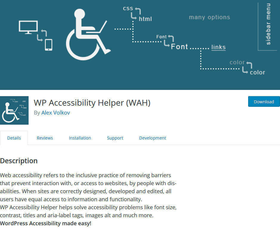 screen print of WP Accessibility Helper (WAH) plugin
