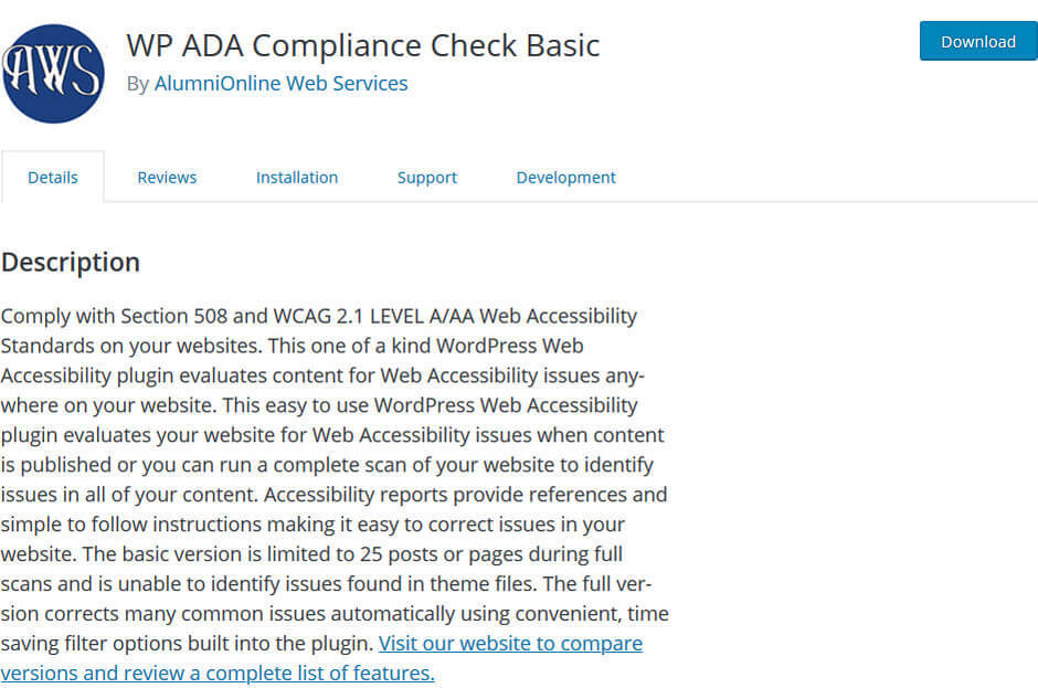 screen print of WP ADA Compliance Check Basic plugin