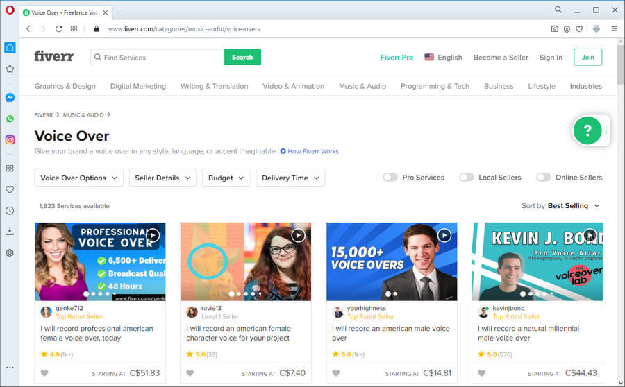 screen print of Fiverr's site with voiceover gigs