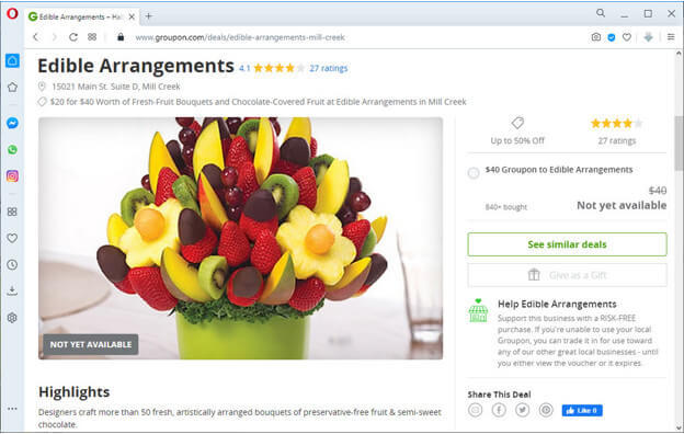 screen print of groupon.com displaying a fruit bouquet that is available
