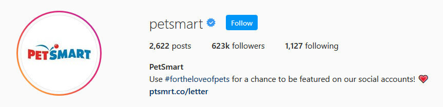 screen print of PetSmart's Instagram profile