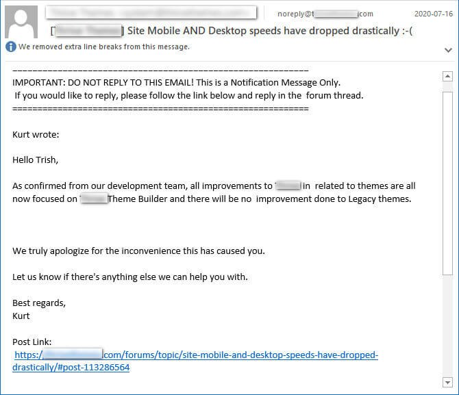 screen print of an email informing me that the developers are ignoring their premium themes