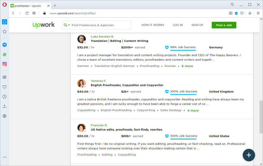 screen print from Upwork.com's profiles of proofreaders