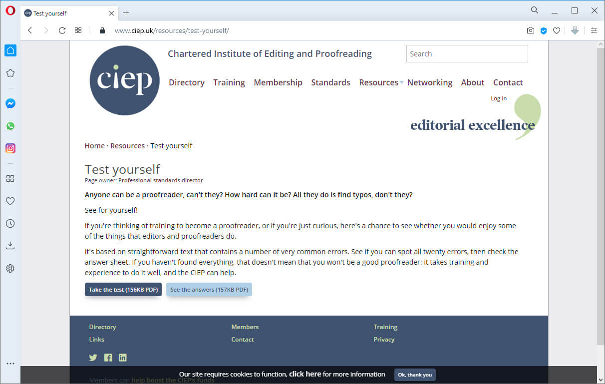 screen print of ciep.com web page, test yourself for proofreader skills