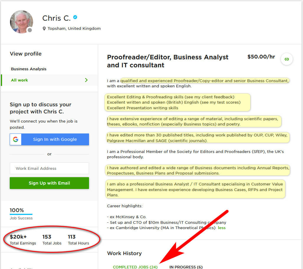 screenprint of Chris C.'s profile page on upwork.com