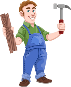 cartoon of man holding hammer in one hand and lumber in ther other